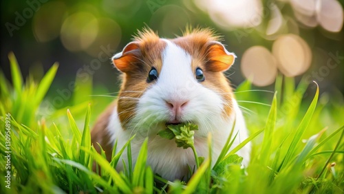 A guinea pig happily munching on fresh green grass in a natural setting, snacking, nature