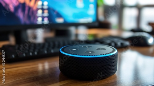 Amazon Alexa Echo Dot smart home speaker with voice assistant, placed against a computer in the background.
