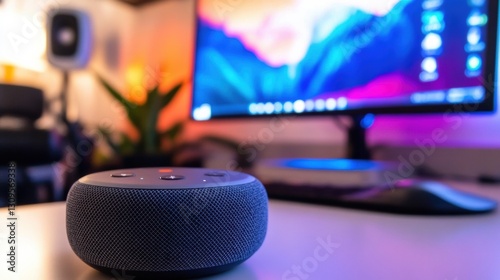 Amazon Alexa Echo Dot smart home speaker with voice assistant, placed against a computer in the background.