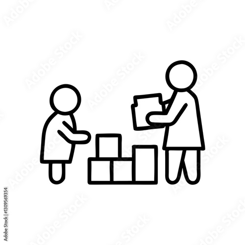 Family unpacking moving boxes, black and white, relocation concept