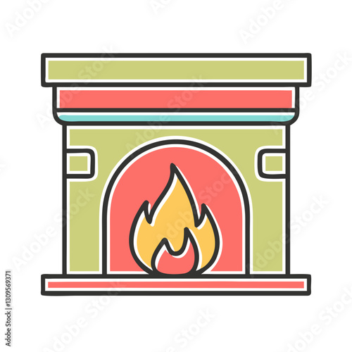 Cozy fireplace illustration, red and beige, home heating concept