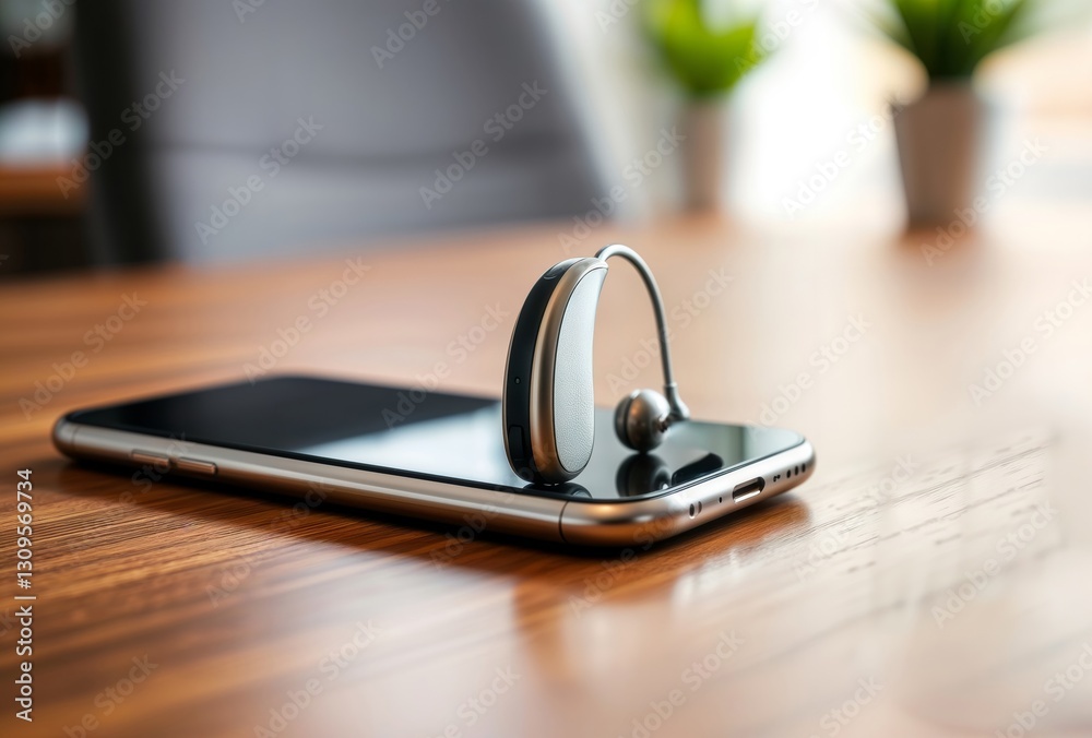 Hearing Aid and Smartphone. Close-up of a hearing aid placed on a smartphone on a wooden desk indoors.