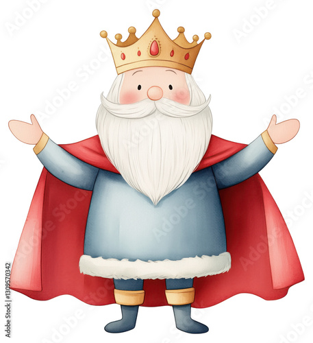 Cheerful cartoon king with a crown and a red cape raising arms in celebration isolated on transparent background. photo