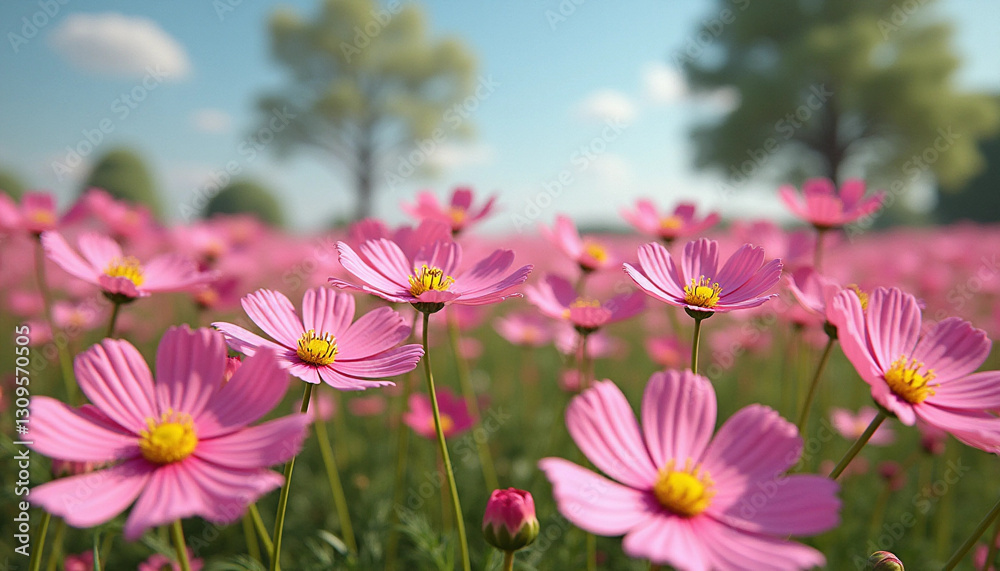 Vibrant Pink Cosmos Field Under Blue Sky – Spring Nature Photography Vibrant Pink Cosmos Field Under Blue Sky – Spring Nature Photography
