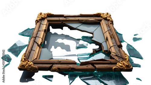 A broken wooden picture frame on a transparent background