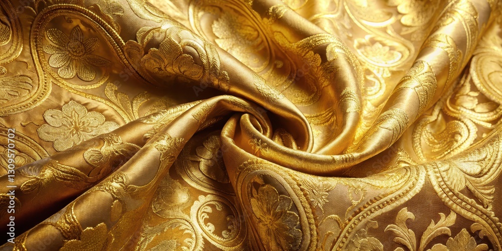 Golden fabric with intricate patterns, shimmering in soft light Golden fabric with intricate patterns, shimmering in soft light
