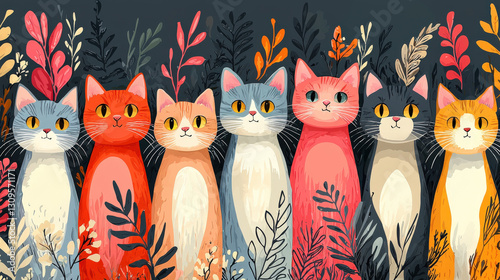 Colorful cat illustration artistic display whimsical design dark background creative environment feline theme