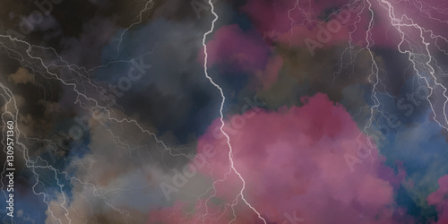 Fork lightning striking down during summer storm. Lightning, thunder cloud dark cloudy sky. 
