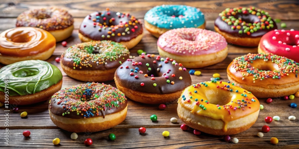 Delicious assorted donuts on a wooden table, with a few sprinkles and colorful toppings scattered around Delicious assorted donuts on a wooden table, with a few sprinkles and colorful toppings scattered around