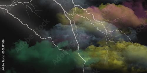 Fork lightning striking down during summer storm. Lightning, thunder cloud dark cloudy sky. 
