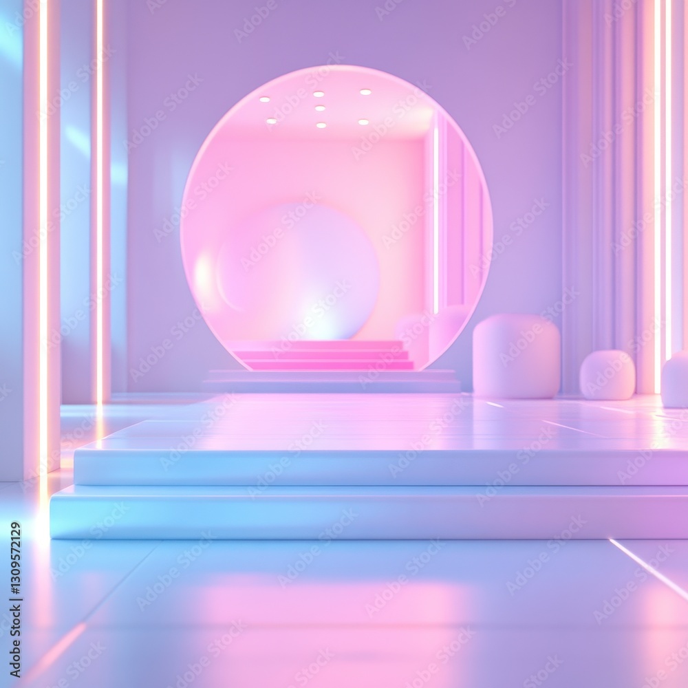 Pastel Pink and Purple Geometric Room with Neon Lights and Circular Archway Pastel Pink and Purple Geometric Room with Neon Lights and Circular Archway