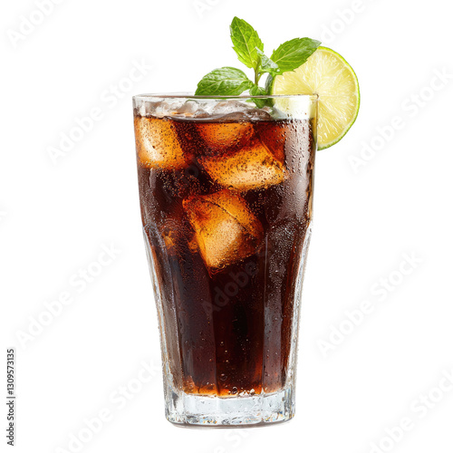 Chilled cola with ice, lime, and mint in a tall glass. Ideal for beverage ads, summer promotions, and refreshing drink marketing photo