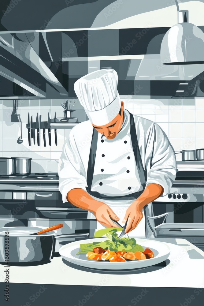 Chef skillfully prepares a gourmet dish in a modern kitchen environment during the day Chef skillfully prepares a gourmet dish in a modern kitchen environment during the day