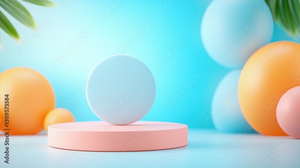 Fototapeta premium A minimalistic scene featuring a light blue circle atop a soft pink base, surrounded by colorful spheres against a serene blue background.