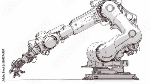 mechanical arm, A simple line drawing of an industrial robot arm, on a white background, in black and grey only.