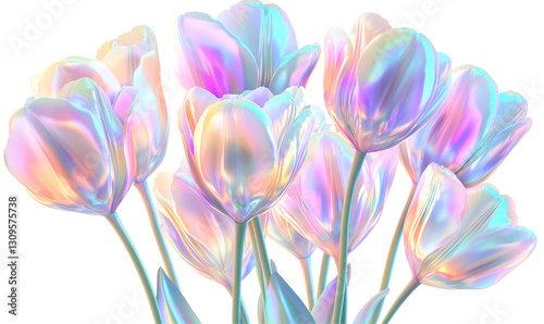 Glossy Iridescent Tulip Bouquet with Smooth Petals and Shine Isolate on Transparent Background, cutout, png