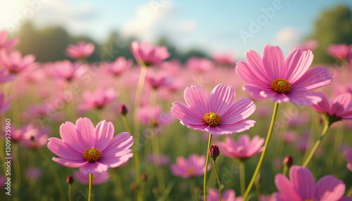 Vibrant Pink Cosmos Field Under Blue Sky – Spring Nature Photography