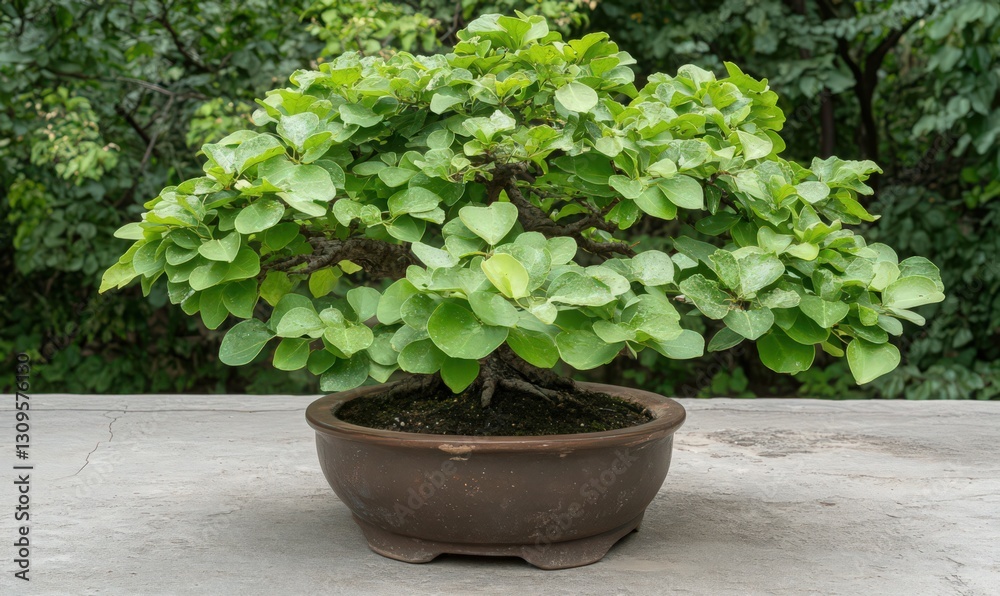 Green Bonsai Tree in Brown Pot on Stone Surface Green Bonsai Tree in Brown Pot on Stone Surface