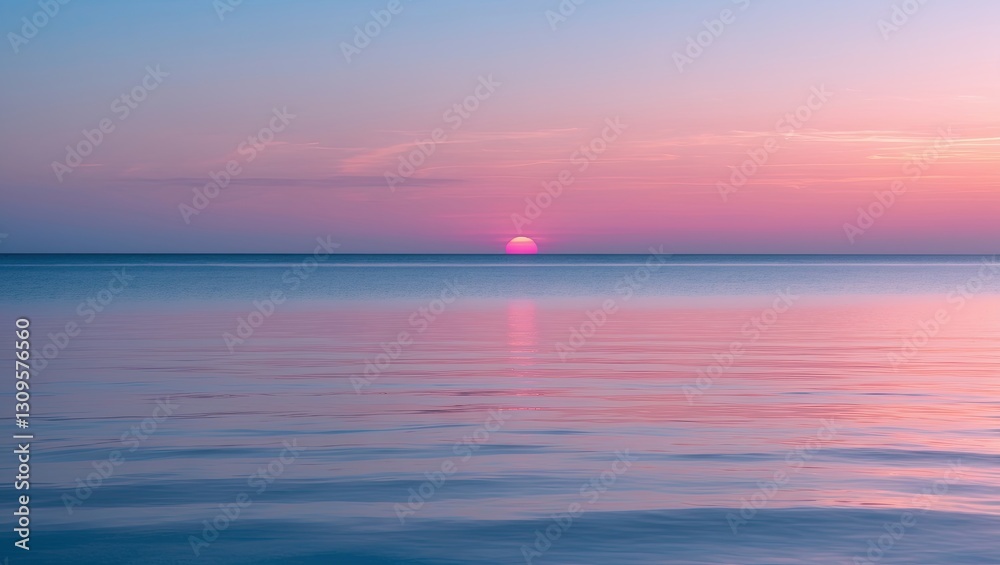 Obraz premium Serene sunset over calm water with soft pink and purple hues reflecting on the surface