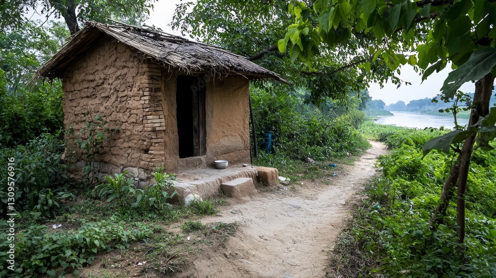 Charming clay and straw hut by the riverbank rural setting photography natural environment captivating viewpoint Charming clay and straw hut by the riverbank rural setting photography natural environment captivating viewpoint