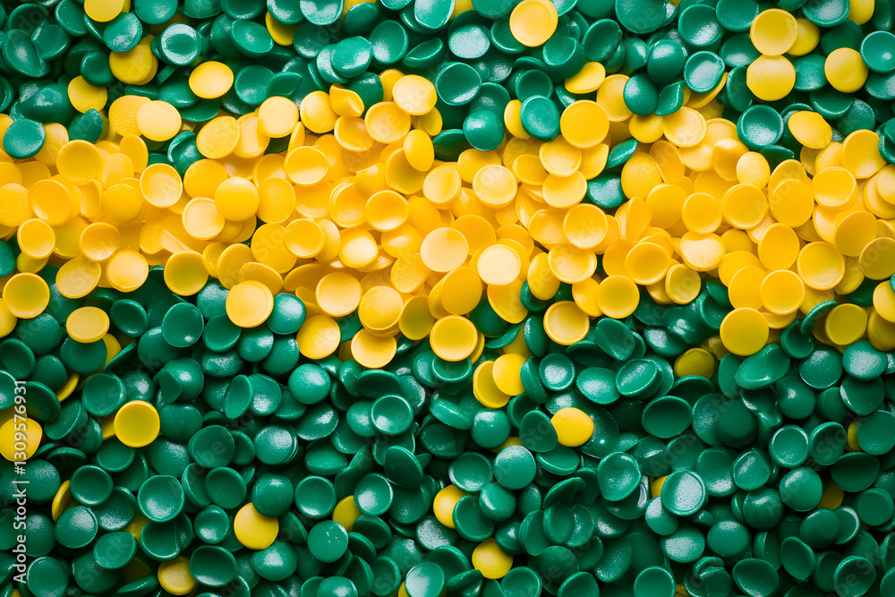 Green and yellow plastic resin pellets, Masterbatch polymer granules, raw polypopylene industry background Green and yellow plastic resin pellets, Masterbatch polymer granules, raw polypopylene industry background