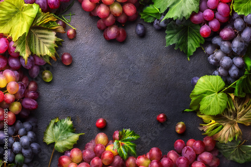 Marco de uvas rojas, realista, 4k copyspace