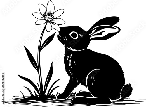 Rabbit admiring flower in nature black and white illustration artistic environment close-up view whimsical concept