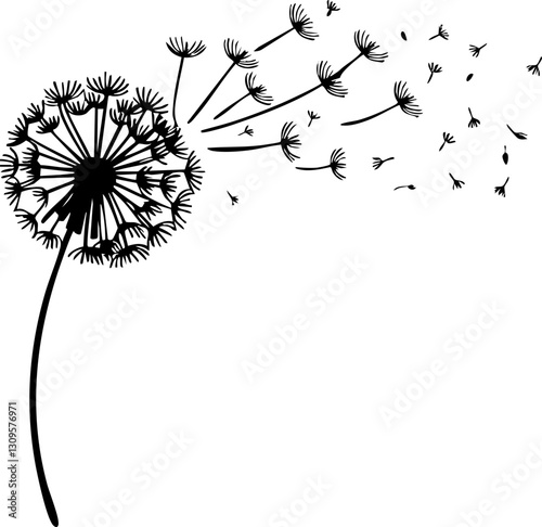 Dandelion seeds blowing in the wind nature scene illustration garden close-up view serenity and freedom