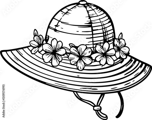 Relaxing beach day with a floral sun hat seaside illustration tropical environment close-up summer vibes
