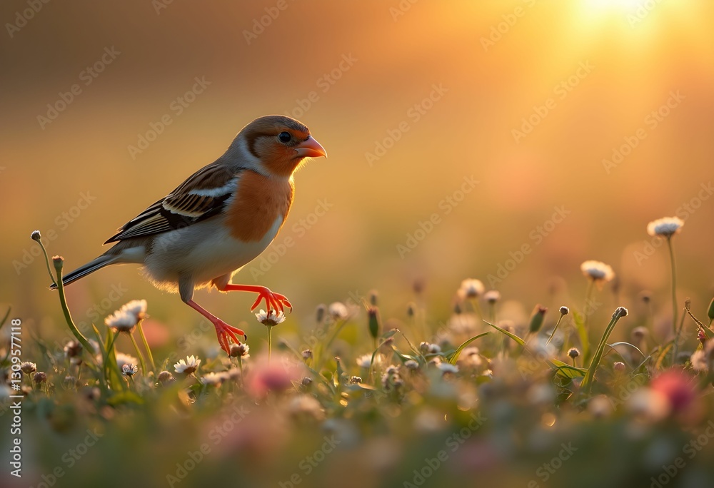 Obraz premium Golden Dawn Dance: A Charming Chaffinch Amid Blossoms and Soft Light