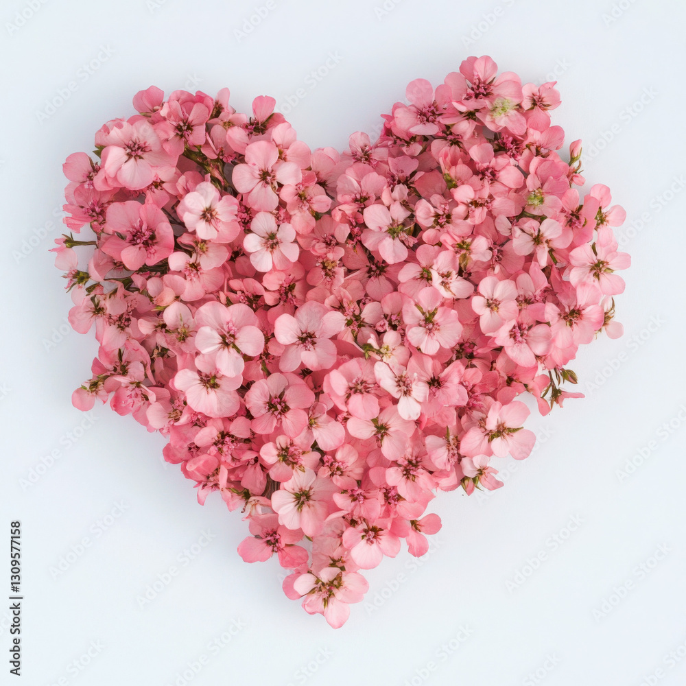 Obraz premium Heart-shaped arrangement of delicate pink cherry blossoms on a light background, symbolizing love and romance.
