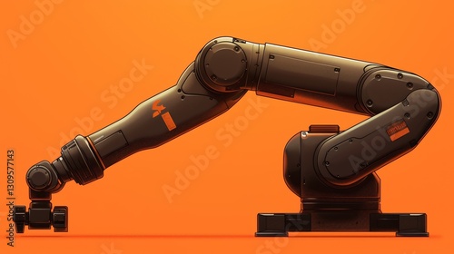 mechanical arm, Illustration of an industrial robot arm on an orange background, simple and minimalistic, with brush strokes and flat colors.