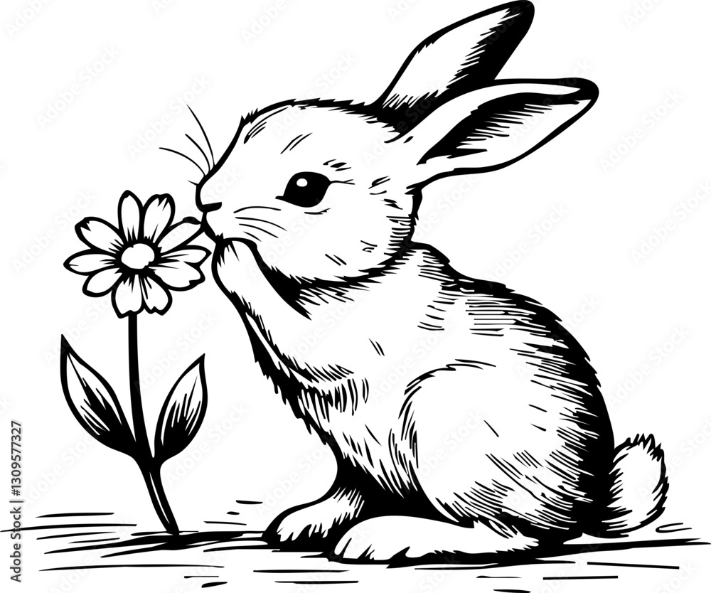 Playful rabbit sniffs flower in nature black and white illustration whimsical environment close-up view cute concept Playful rabbit sniffs flower in nature black and white illustration whimsical environment close-up view cute concept