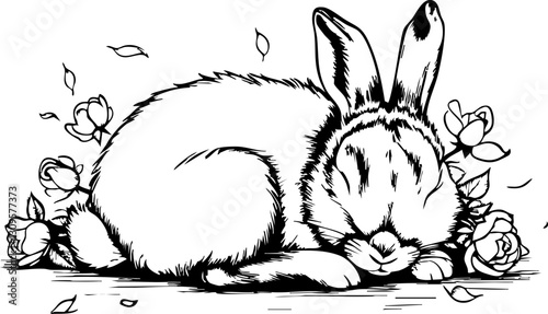 Sleeping rabbit surrounded by roses tranquil garden illustration serene environment close-up nature's beauty