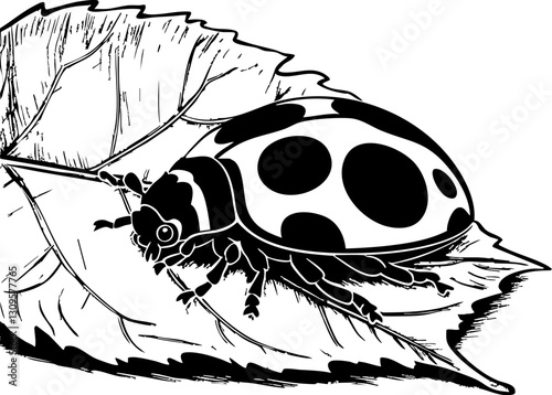 Insect exploration black and white ladybug on leaf nature illustration close-up perspective entomology concept