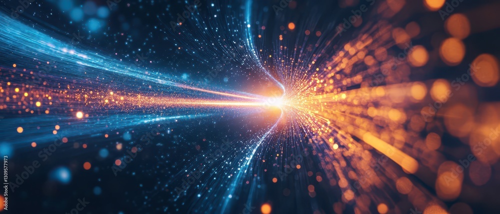 Obraz premium Quantum teleportation visualization with glowing energy beams transferring data across space, futuristic technology