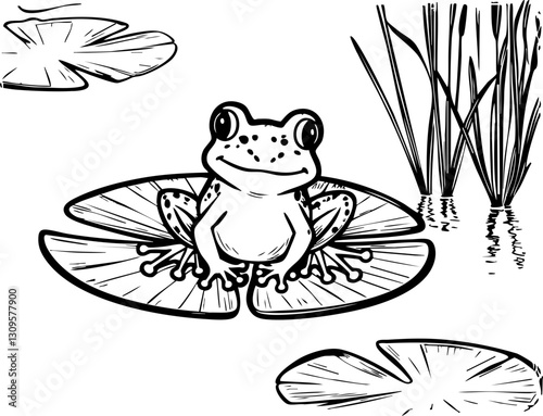 Frog sitting on lily pad serene pond illustration nature close-up tranquility and wildlife