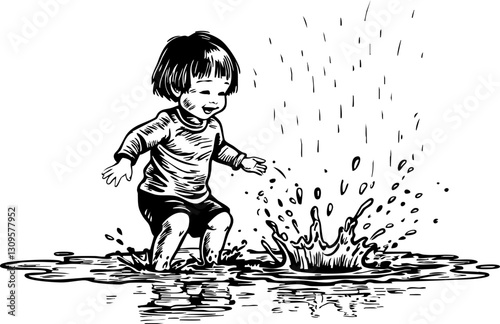 Child joyfully plays in water outdoor park illustration playful environment low angle childhood fun