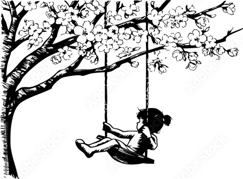 Child playing on swing under cherry blossom tree park illustration outdoor side view childhood joy