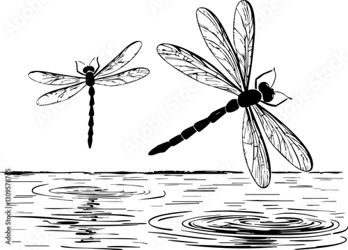 Dragonflies hovering over water nature scene illustration tranquil environment close-up view serenity and beauty