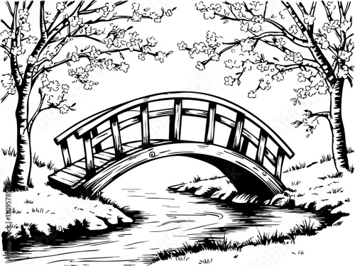 Tranquil wooden bridge over a serene stream nature scene landscape daytime peaceful environment