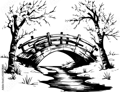 Tranquil bridge over a serene stream enchanted forest black and white calm environment artistic view nature's beauty