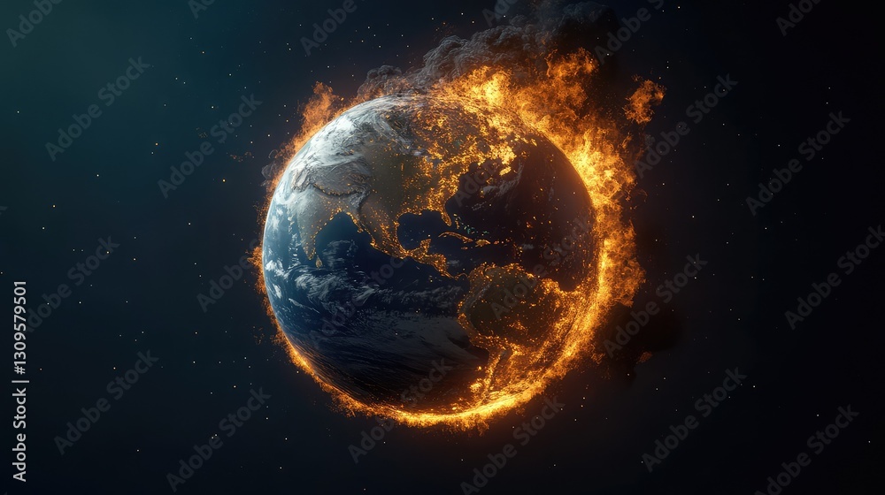 Naklejka premium A digital concept of Earth overheating, with fiery visuals surrounding the planet.