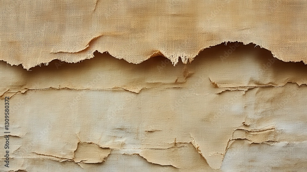 Fototapeta premium Close-up of soft beige fabric; light, textured, perhaps cotton or linen, adorned with gentle wrinkles that add charm and warmth