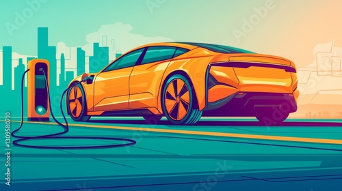 New energy vehicles, Flat vector illustration of an electric car charging, in a simple and minimalistic style with clean lines, vibrant orange color palette, set against a pastel background with subt