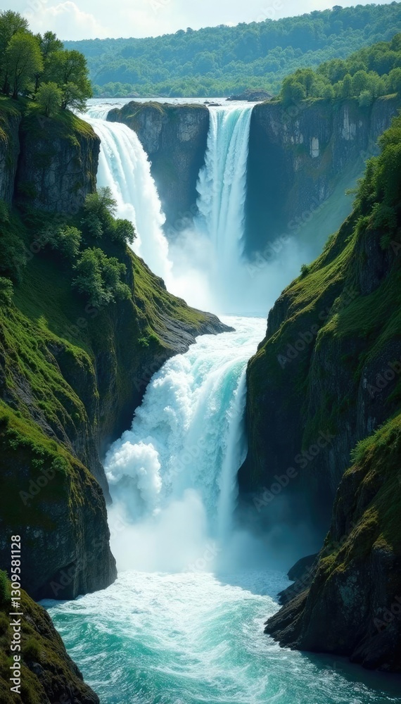 Fototapeta premium Turbulent water rushes down steep gorge walls, green, waterfall, erosion