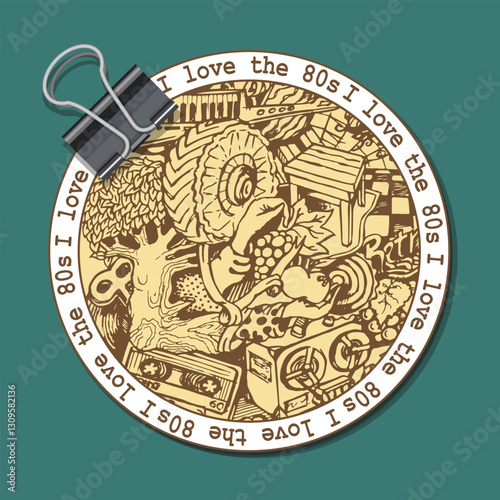 Round sticker, emblem, handwritten graphic fantasy with circle lettering - I love the 80s. Vector illustration