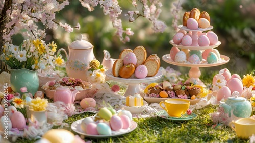 Wallpaper Mural Festive Easter table setting outdoors with pastel-colored eggs, sweet pastries, and floral arrangements under blooming spring trees. Torontodigital.ca