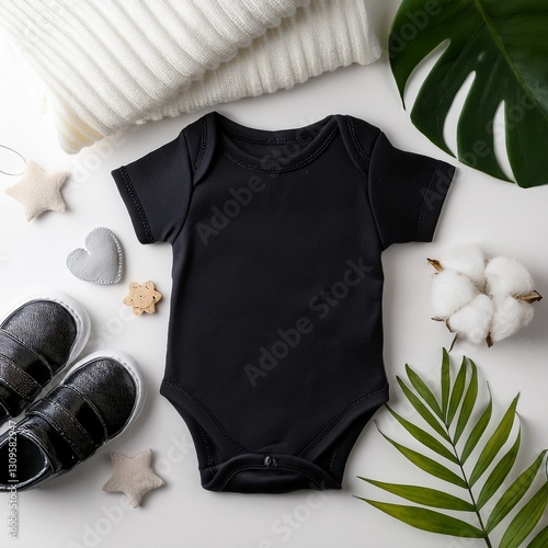 baby onesie flat lay top view mockup on neutral boho background photo