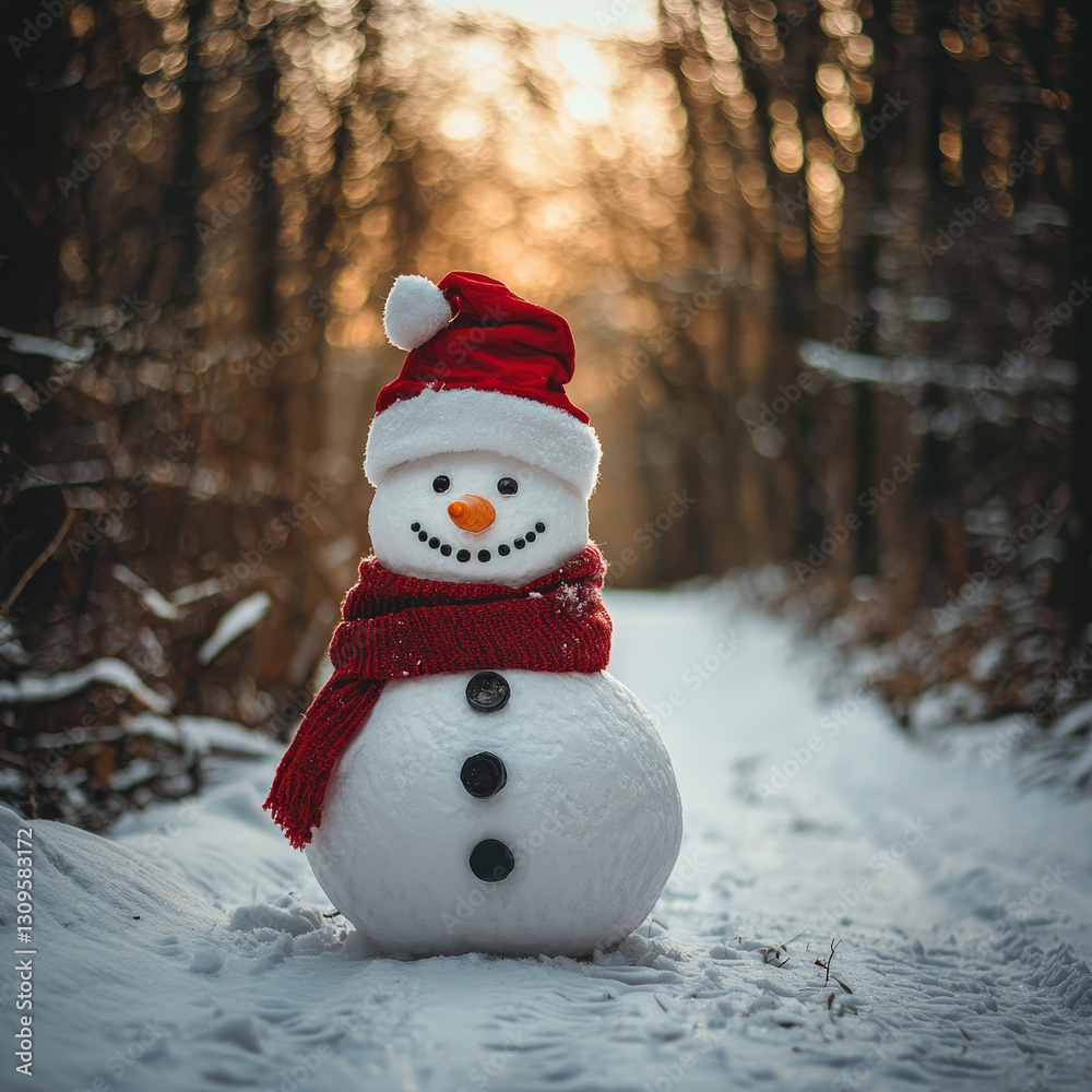 Fototapeta premium Frosty snowman in Santa hat and scarf, winter wonderland